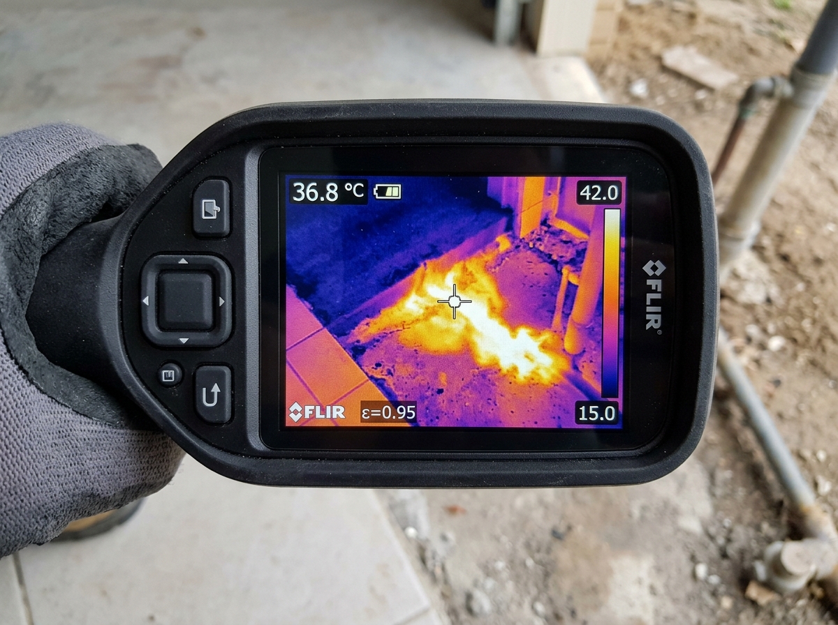 Thermal imaging camera scanning warm floor slab in San Marcos TX