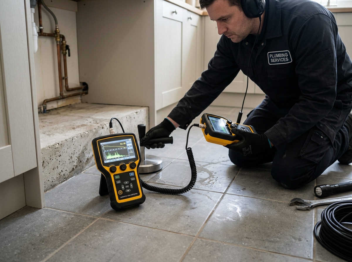 Plumbing technician preparing diagnostic documentation for insurance adjuster in San Marcos